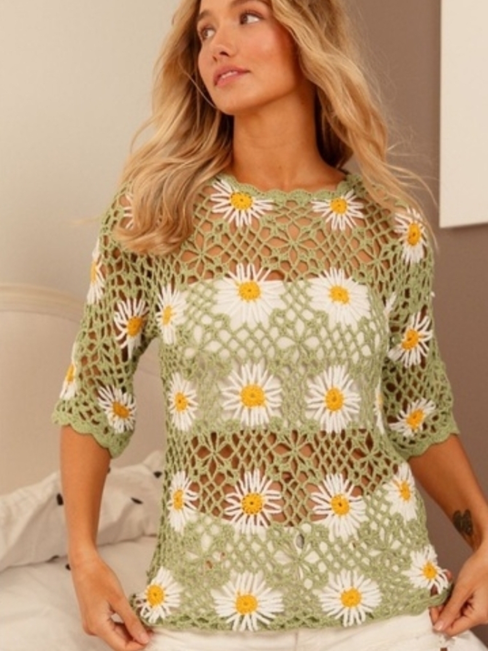 BiBi Light Green Crochet Daisy Tunic with White & Yellow Accents